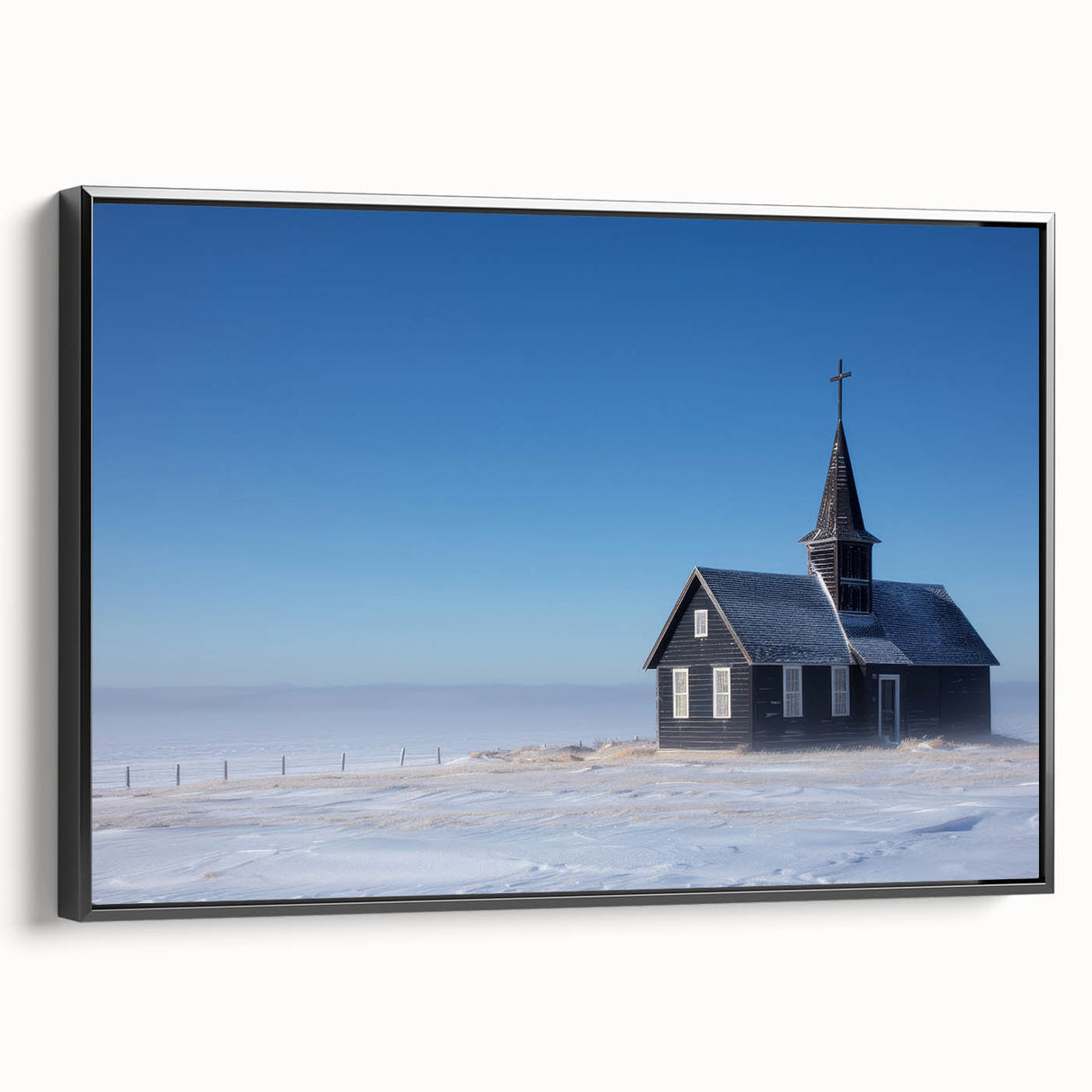 Black and white framed canvas of a vintage church landscape, ideal for bedroom wall decor.