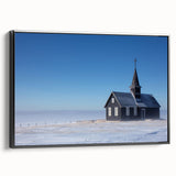 Black and white framed canvas of a vintage church landscape, ideal for bedroom wall decor.