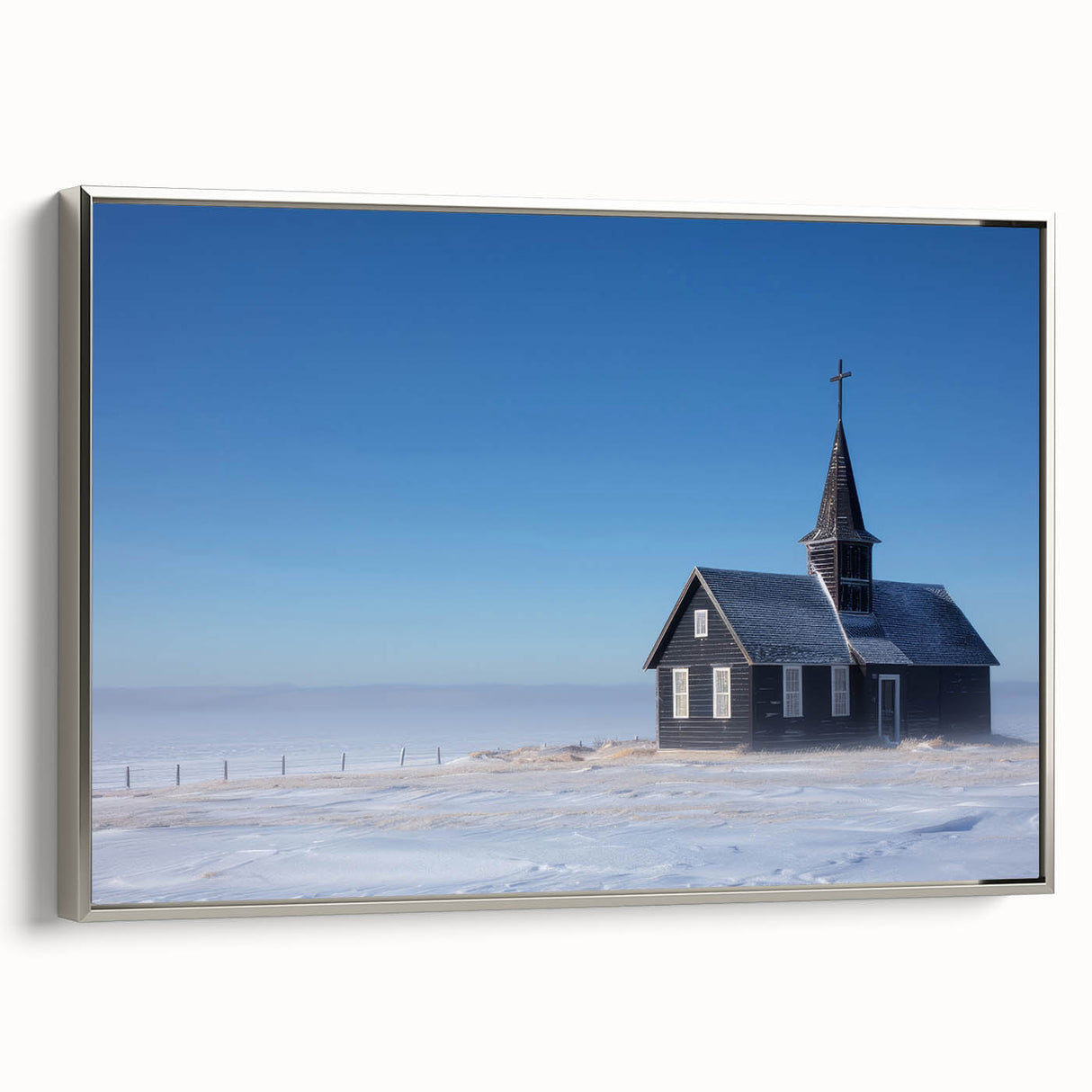 Vintage poster art of a church on framed canvas, featuring a colorful palette, ideal for living room decor.