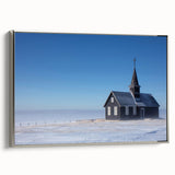 Vintage poster art of a church on framed canvas, featuring a colorful palette, ideal for living room decor.
