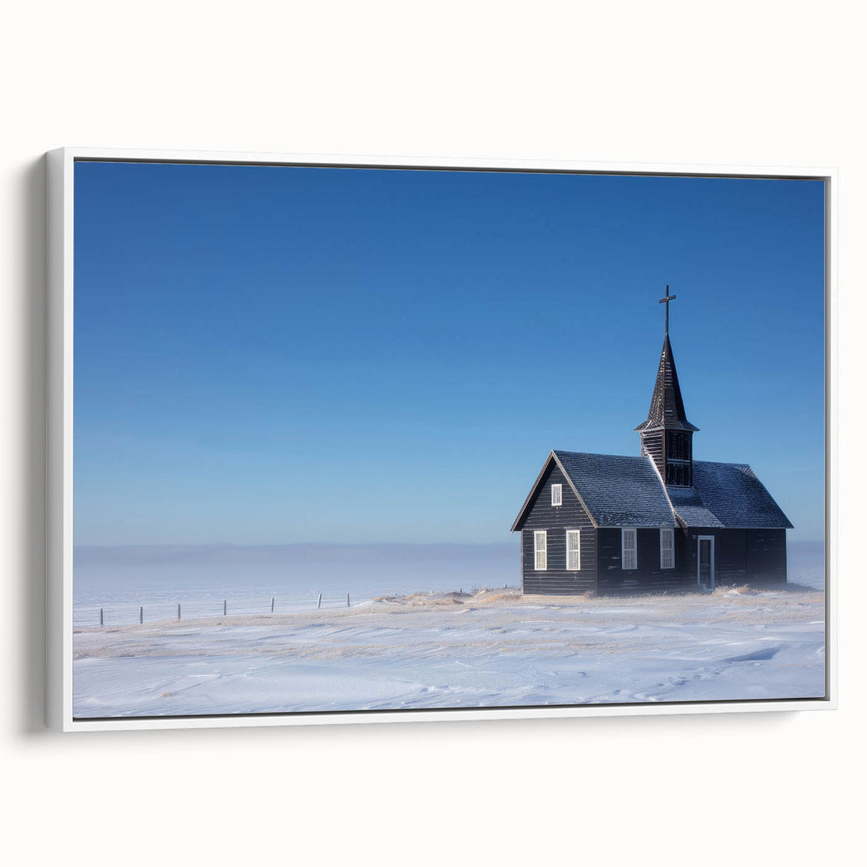 Framed canvas of a vintage church landscape in muted black and white, ideal for bedroom wall art.