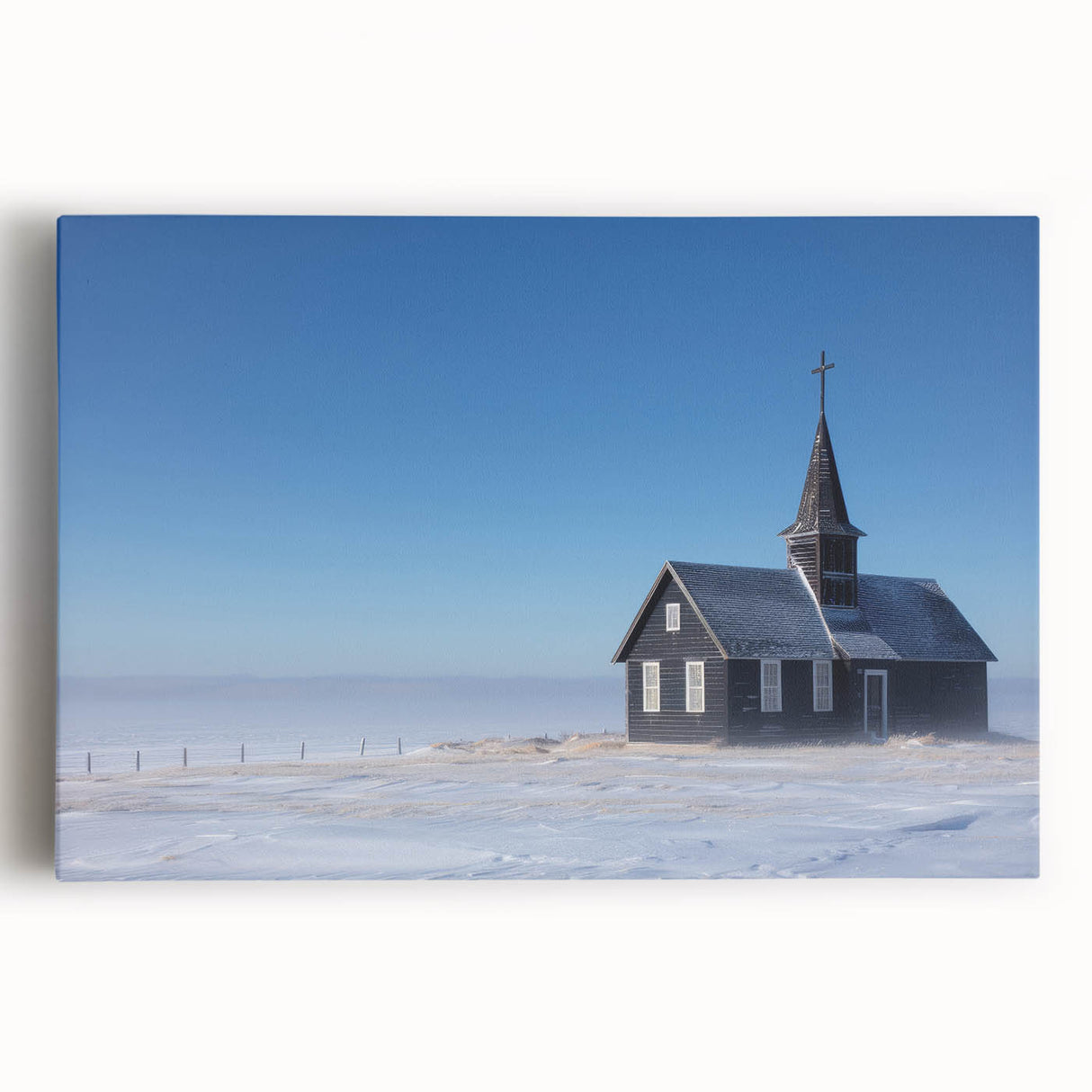 Black and white stretched canvas featuring a large, detailed illustration of a church, ideal for kitchen wall art.