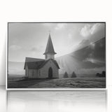 Large art print of a mid-century modernist church in muted gray and blue tones on framed acrylic.