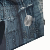 Large abstract wall art in mid-century modernist style depicting a church, in muted earth tones on acrylic glass.
