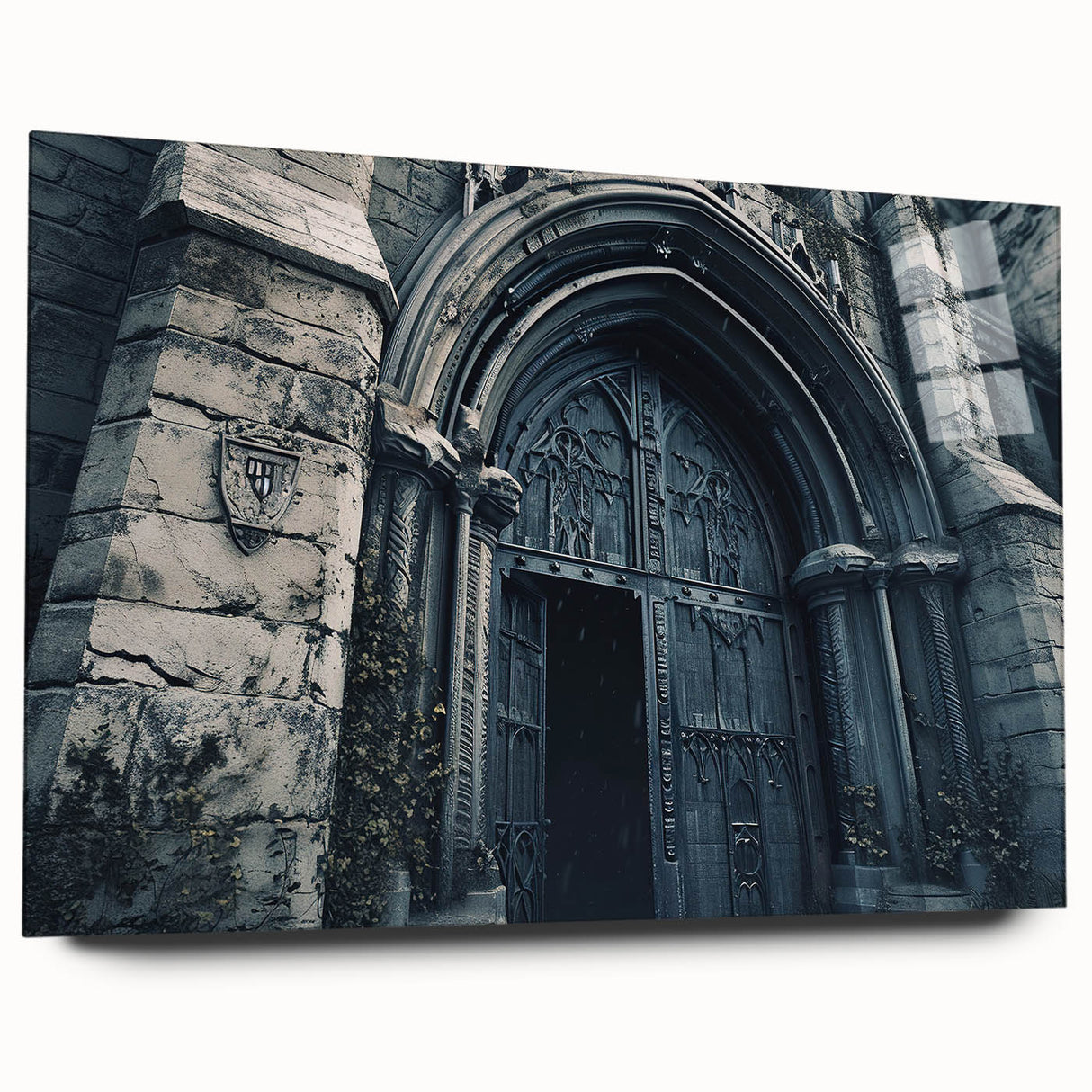 Large abstract wall art of a church in muted beige tones on acrylic glass, ideal for bedroom or dining room decor.