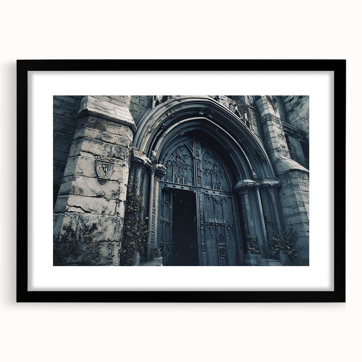 Extra large abstract art print featuring a colorful, textured depiction of a church, in a black frame.