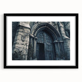 Extra large abstract art print featuring a colorful, textured depiction of a church, in a black frame.