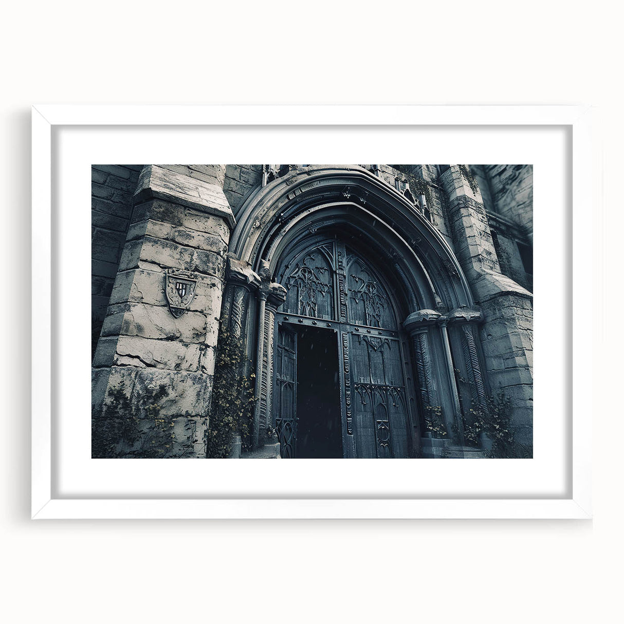 Extra large abstract art print of a textured church design in muted earth tones on a white framed canvas.