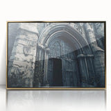 Mid-century modernist church design in gold frame, acrylic print, ideal for nursery wall art.