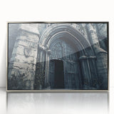 Art Deco style poster of a church in muted silver and gray tones on framed acrylic, ideal for modern nursery wall art.