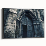 Black and white vintage poster art of a church landscape on framed canvas, suitable for bedroom decor.