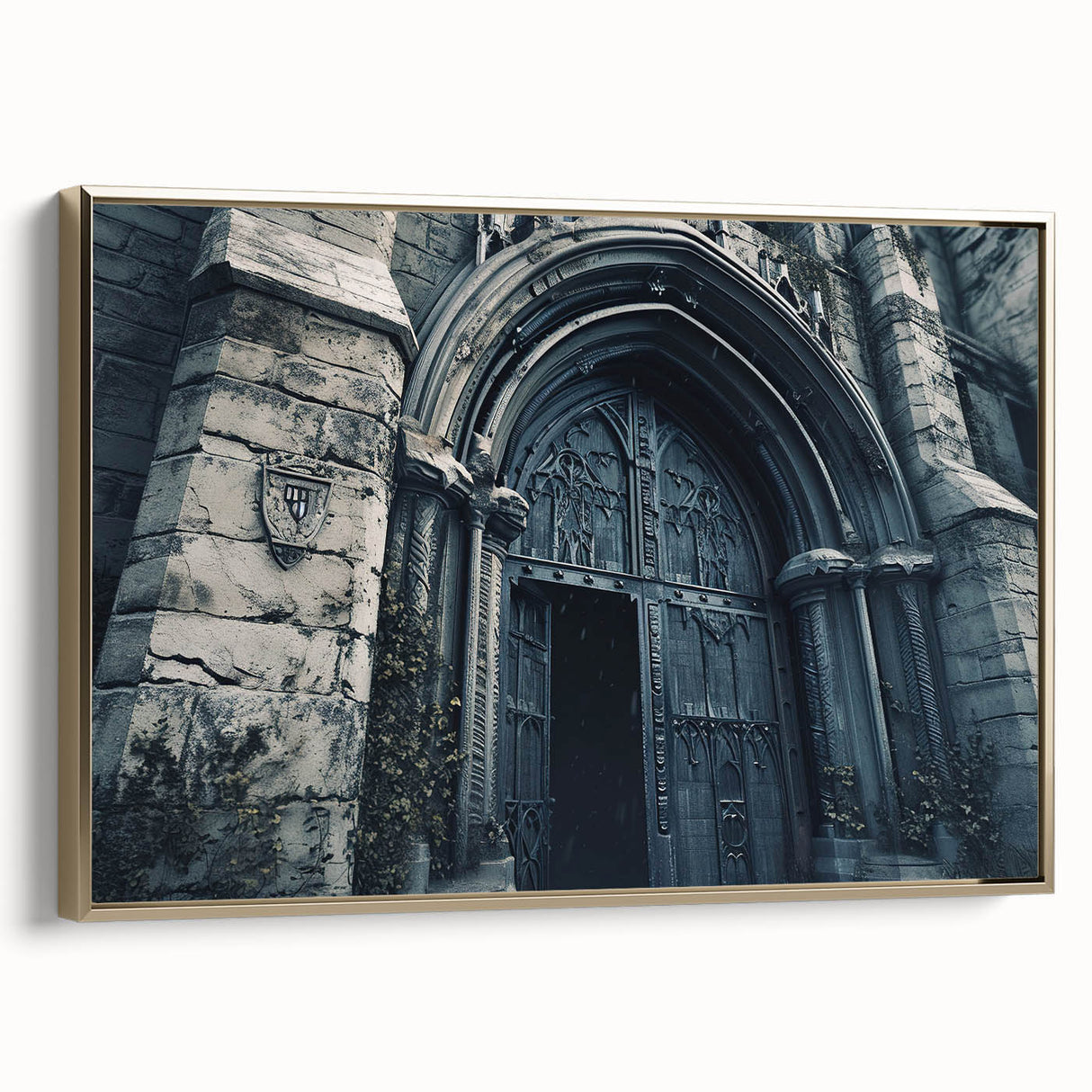 Framed canvas depicting a vintage-style landscape with a church, using a palette of gold, black, and vibrant colors.