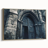 Framed canvas depicting a vintage-style landscape with a church, using a palette of gold, black, and vibrant colors.