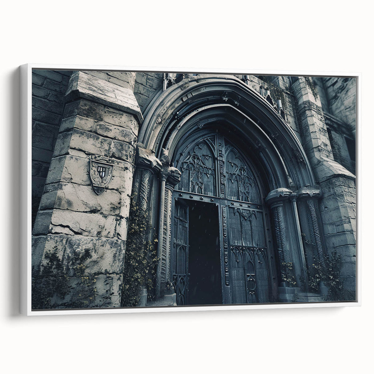 Framed canvas depicting a vintage black and white landscape painting of a church, ideal for bedroom wall art.