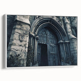Framed canvas depicting a vintage black and white landscape painting of a church, ideal for bedroom wall art.