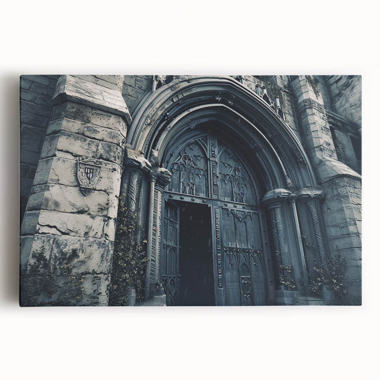 Black and white stretched canvas of a large church, suitable as kitchen wall art.
