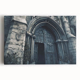 Black and white stretched canvas of a large church, suitable as kitchen wall art.