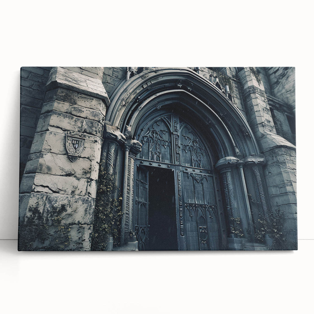 Black and white photograph of a church on stretched canvas, suitable as large kitchen or bedroom wall art.