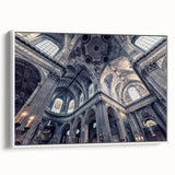 A vintage poster art of a black and white church landscape on a framed canvas, ideal for bedroom wall decor.