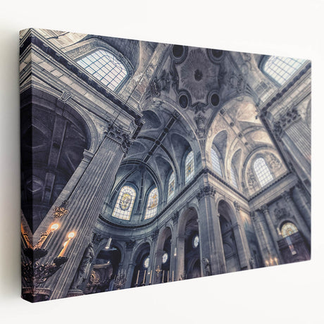 Side view of a stretched canvas featuring a minimalist church design in muted gray tones, ideal for kitchen wall art.