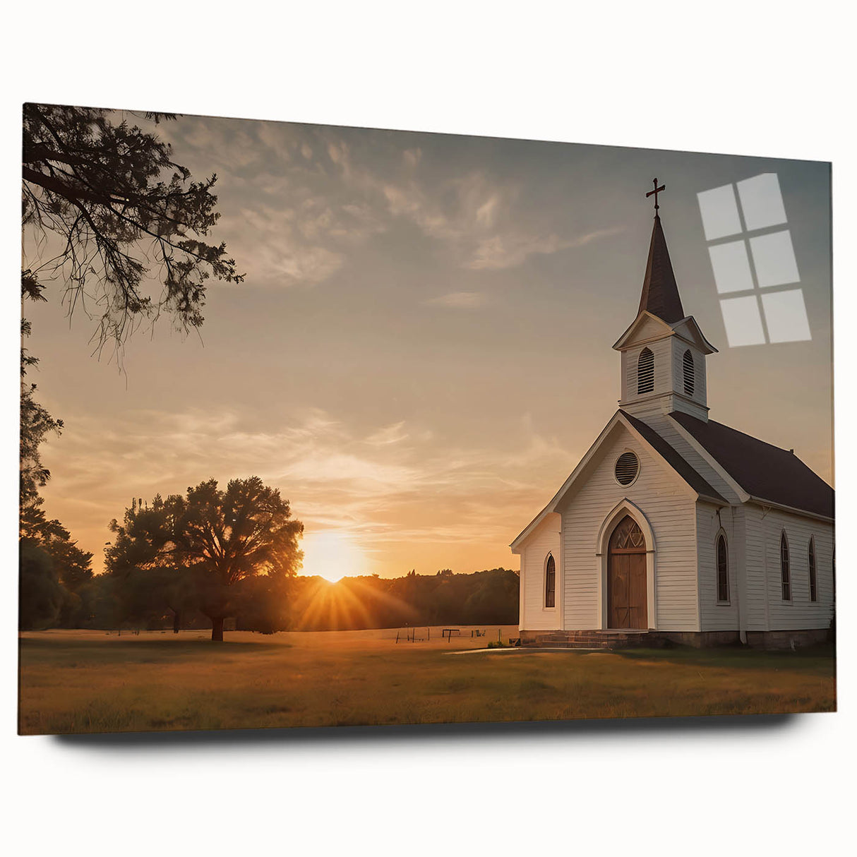 Large abstract wall art on acrylic glass depicting a modern church design in muted gray tones.