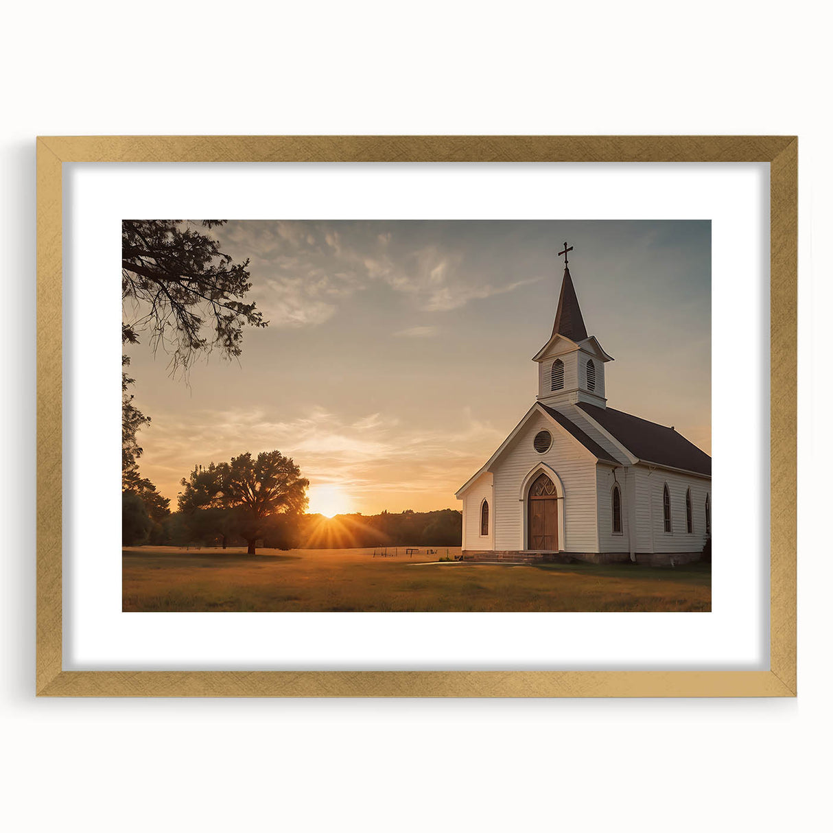 Textured abstract art print of a stylized church in muted gold and white, framed with a gold mat, suitable for bedroom decor.