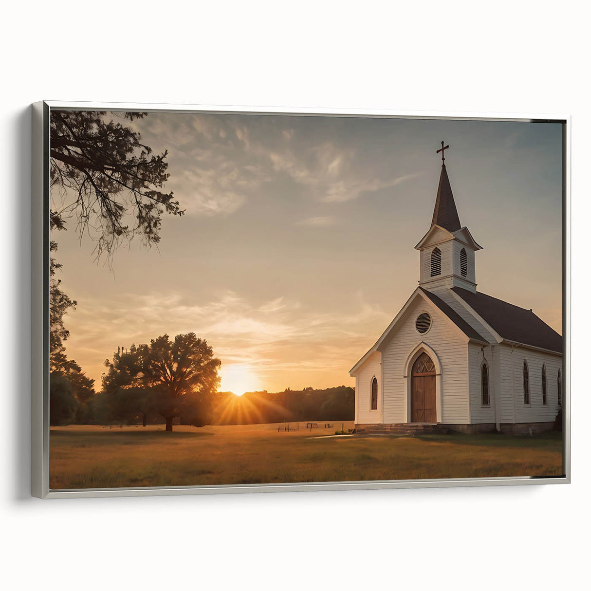 Vintage poster art of a church design in muted black and colorful accents on a framed canvas, ideal for living room decor.
