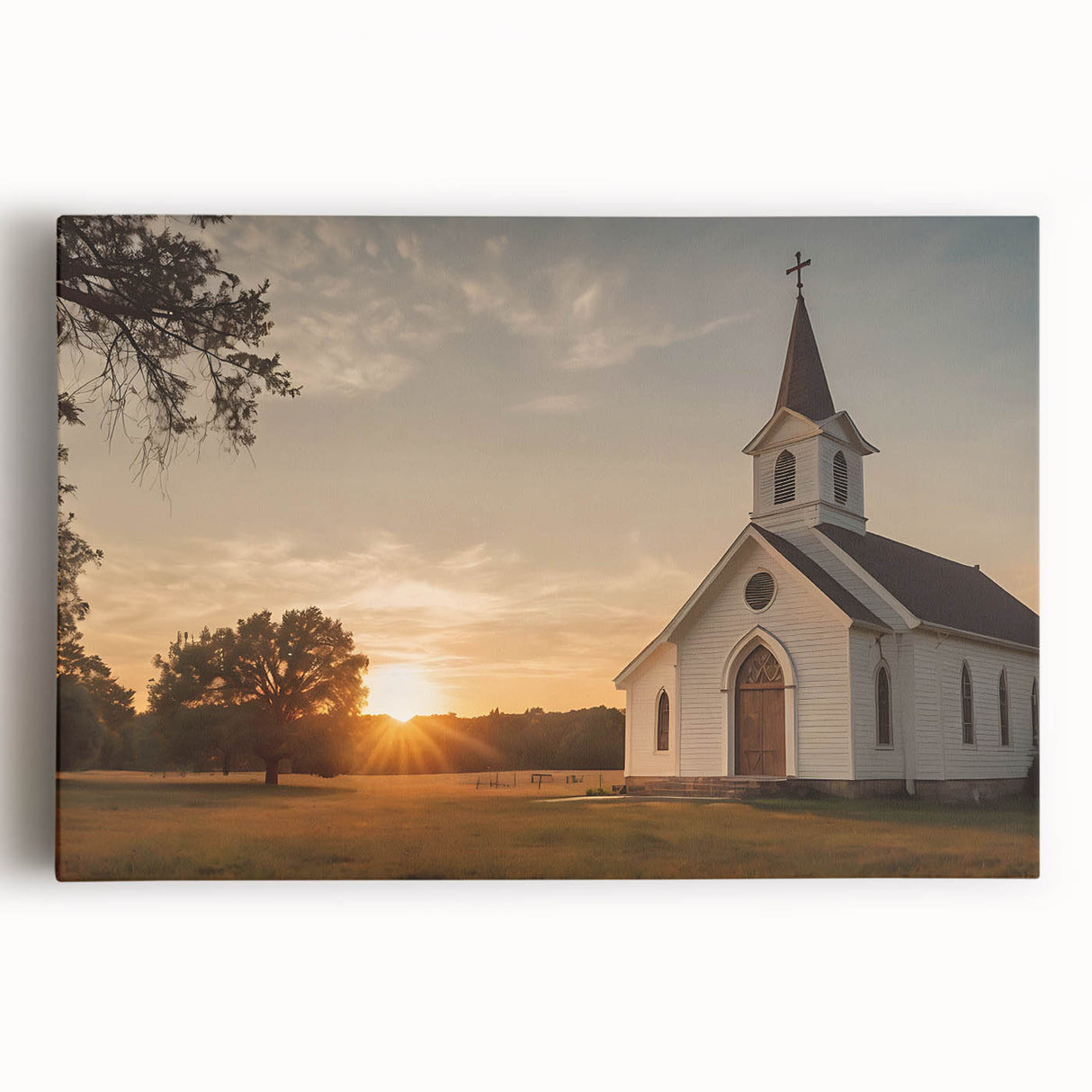 Black and white large art print of a church on stretched canvas, suitable for kitchen wall art.