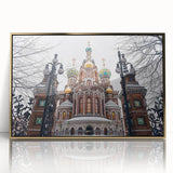 Mid-century modernist acrylic print of a church, with gold and blue hues, ideal for nursery wall art.