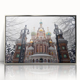 Art Deco poster featuring a stylized church, in muted silver and gray tones on acrylic, ideal for modern nursery decor.