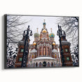 Black and white framed canvas featuring a vintage poster art style landscape of a church, ideal for bedroom wall decor.