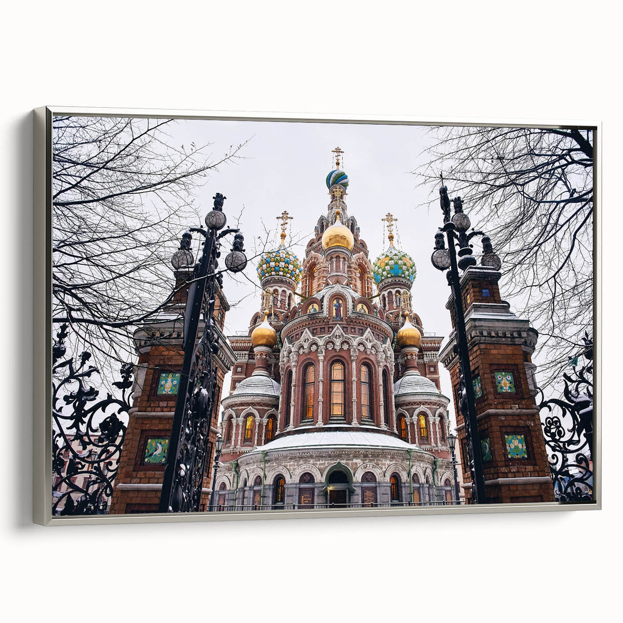 Vintage poster art of a church, rendered in colorful hues on a black background, framed canvas, ideal for living room decor.