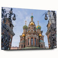 Large abstract wall art on acrylic glass depicting a colorful church design, ideal for dining room decor.