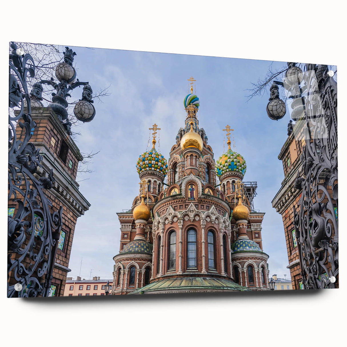 Large abstract wall art on acrylic glass depicting a colorful church design, ideal for dining room decor.