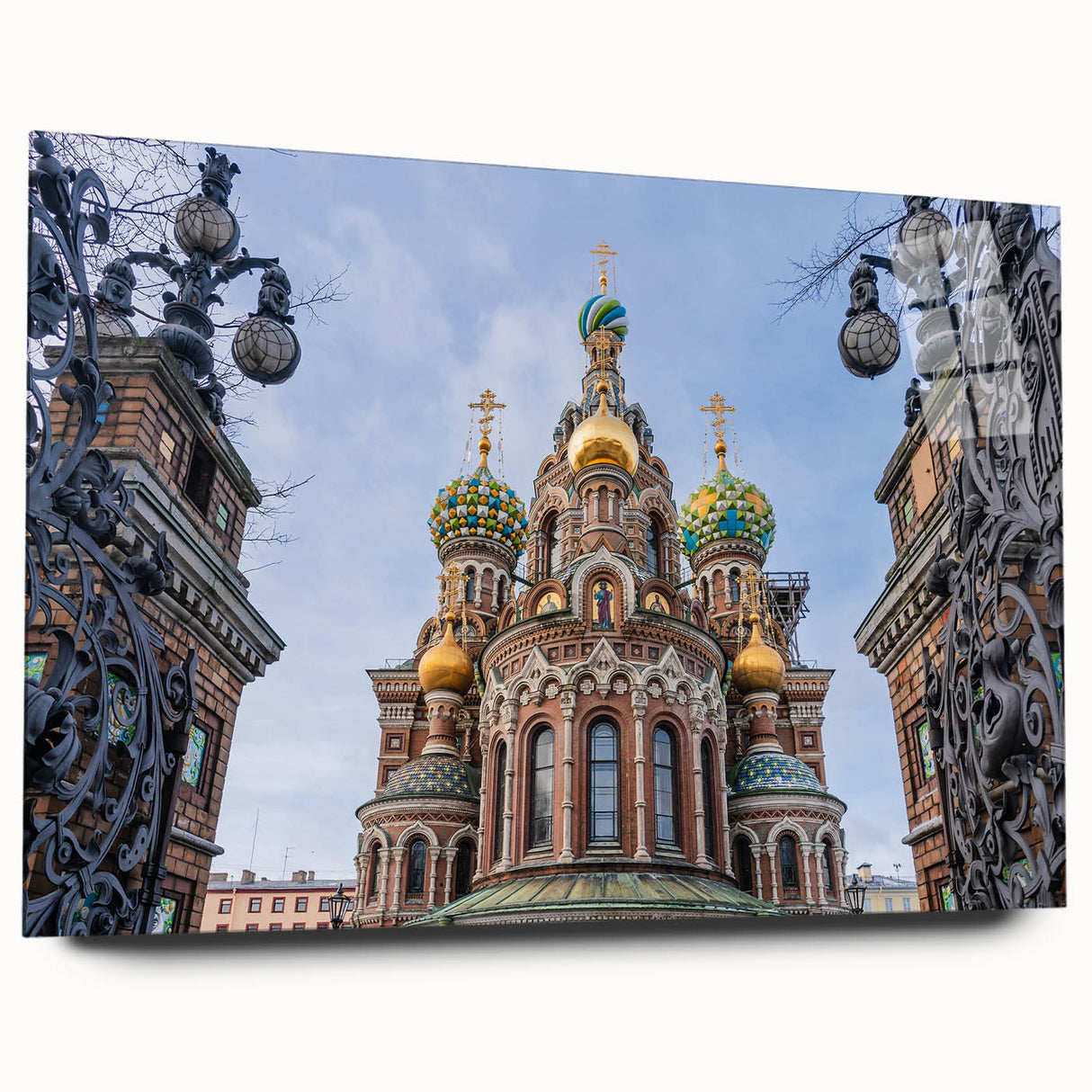 Large abstract wall art on acrylic, featuring a vibrant blue and gold church design, ideal for bedroom or dining room decor.
