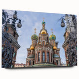 Large abstract wall art on acrylic, featuring a vibrant blue and gold church design, ideal for bedroom or dining room decor.