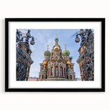 Extra large abstract art print featuring a colorful, textured depiction of a church, framed in black.