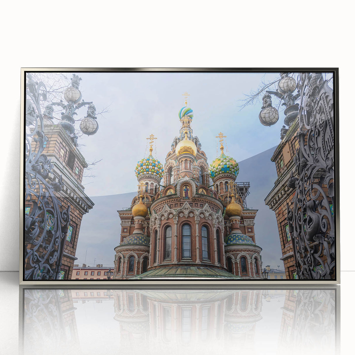 Art Deco poster of a church, in silver frame, with muted gray tones, ideal for modern nursery wall decor.