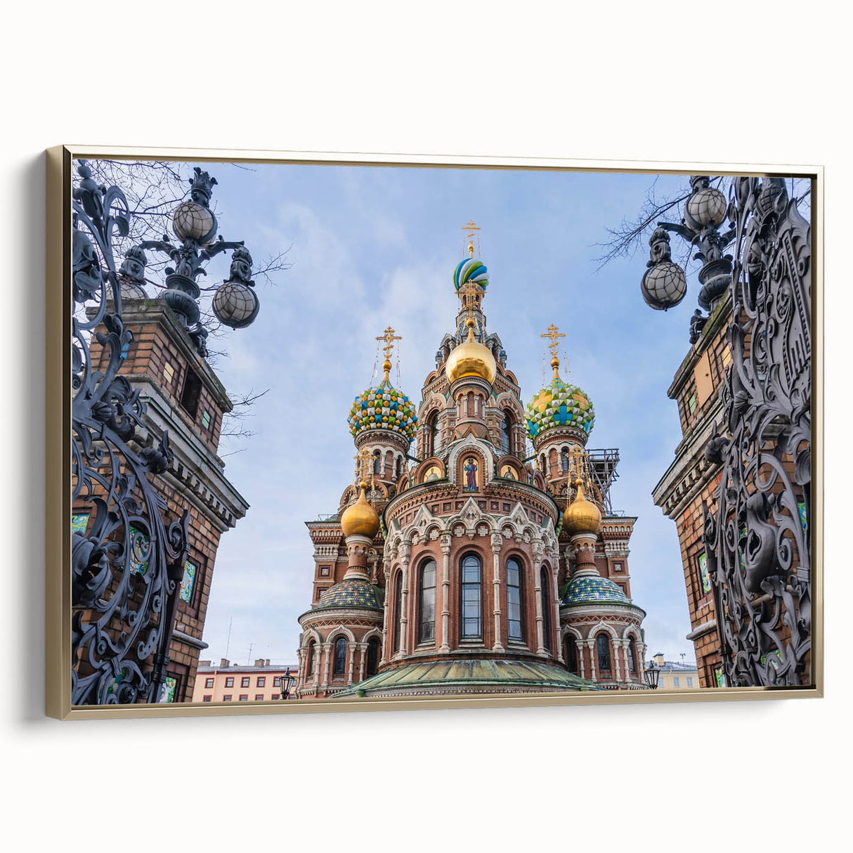 Framed canvas of a vintage church landscape painting in muted gold and black tones, suitable for living room decor.