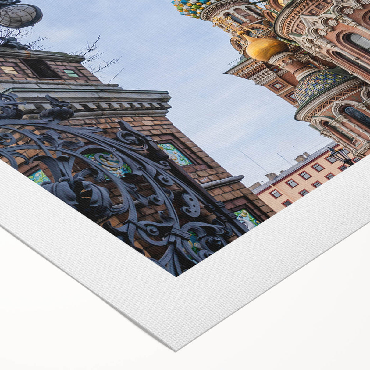 Art Deco poster featuring a geometric church design in muted silver and blue tones on rolled canvas.
