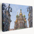 Large stretched canvas featuring a detailed illustration of a church, in muted earth tones, suitable for kitchen wall art.
