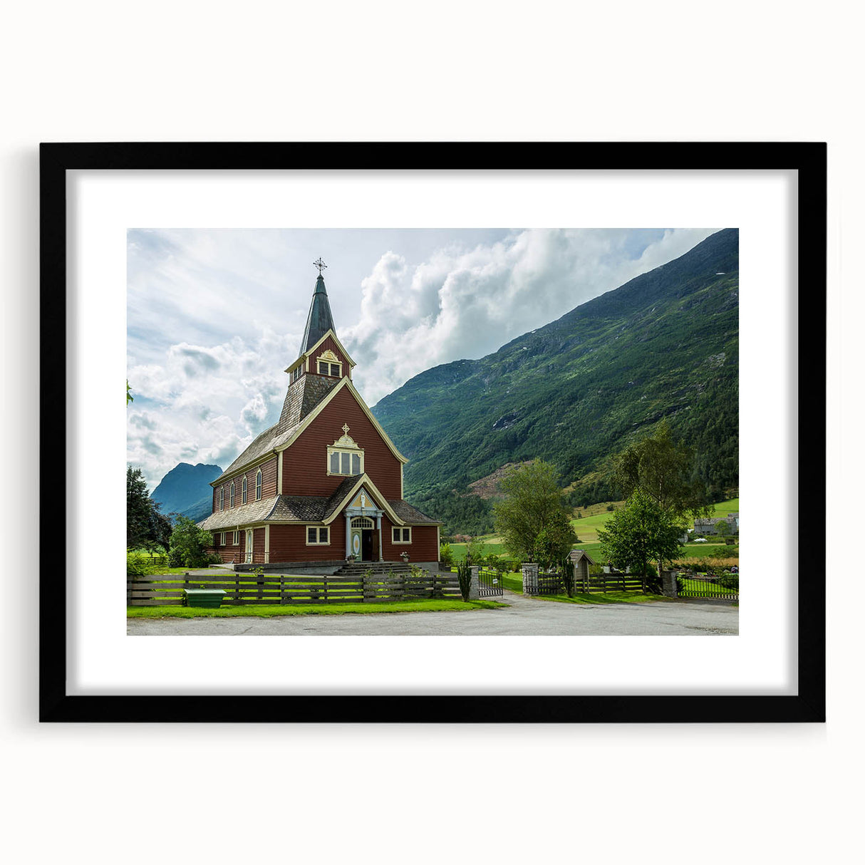 Extra large abstract art print featuring textured, colorful art of a church, on black framed canvas.