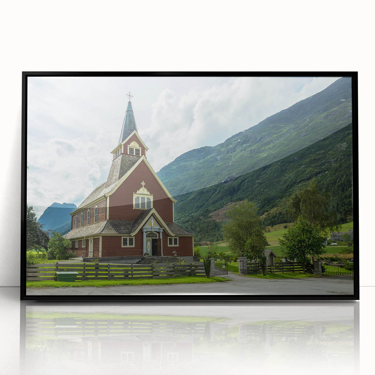 Large abstract wall art depicting a mid-century modernist church design in black and white tones, framed in acrylic.
