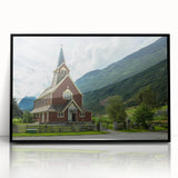 Large abstract wall art depicting a mid-century modernist church design in black and white tones, framed in acrylic.