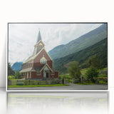 Mid-century modernist style church depicted in vibrant colors on a framed acrylic print, suitable for nursery wall decor.