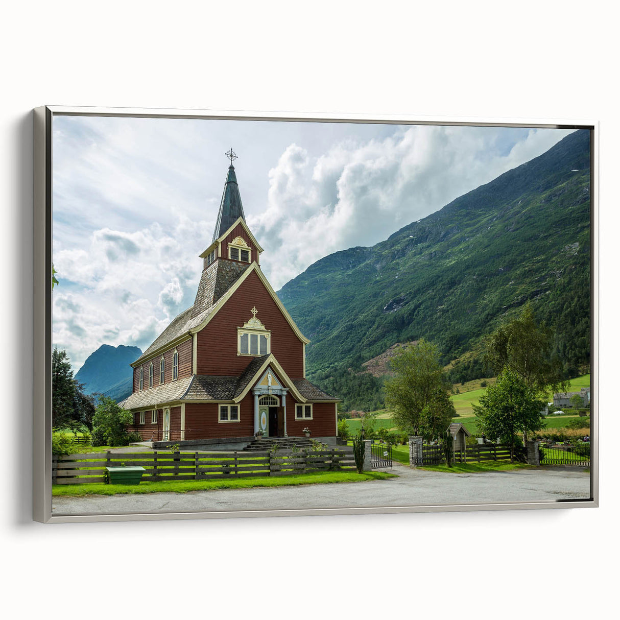 Vintage poster art of a church on a framed canvas, with colorful imagery against a black background.