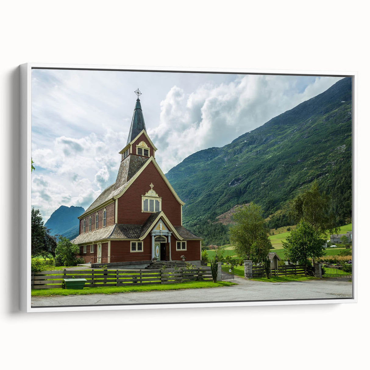 Framed canvas featuring a vintage black and white landscape painting of a church, ideal for bedroom wall art.