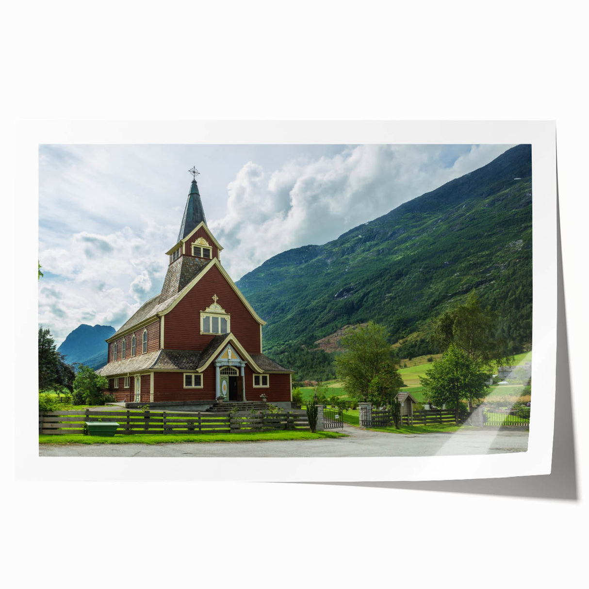 Extra large rolled print of a church design in muted earth tones, ideal for art wall dining room.