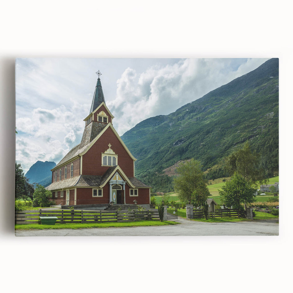 Black and white photo of a church on stretched canvas, ideal for kitchen wall art.