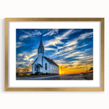 Textured abstract art print of a church in muted gold and white tones on a framed canvas, ideal for bedroom wall decor.